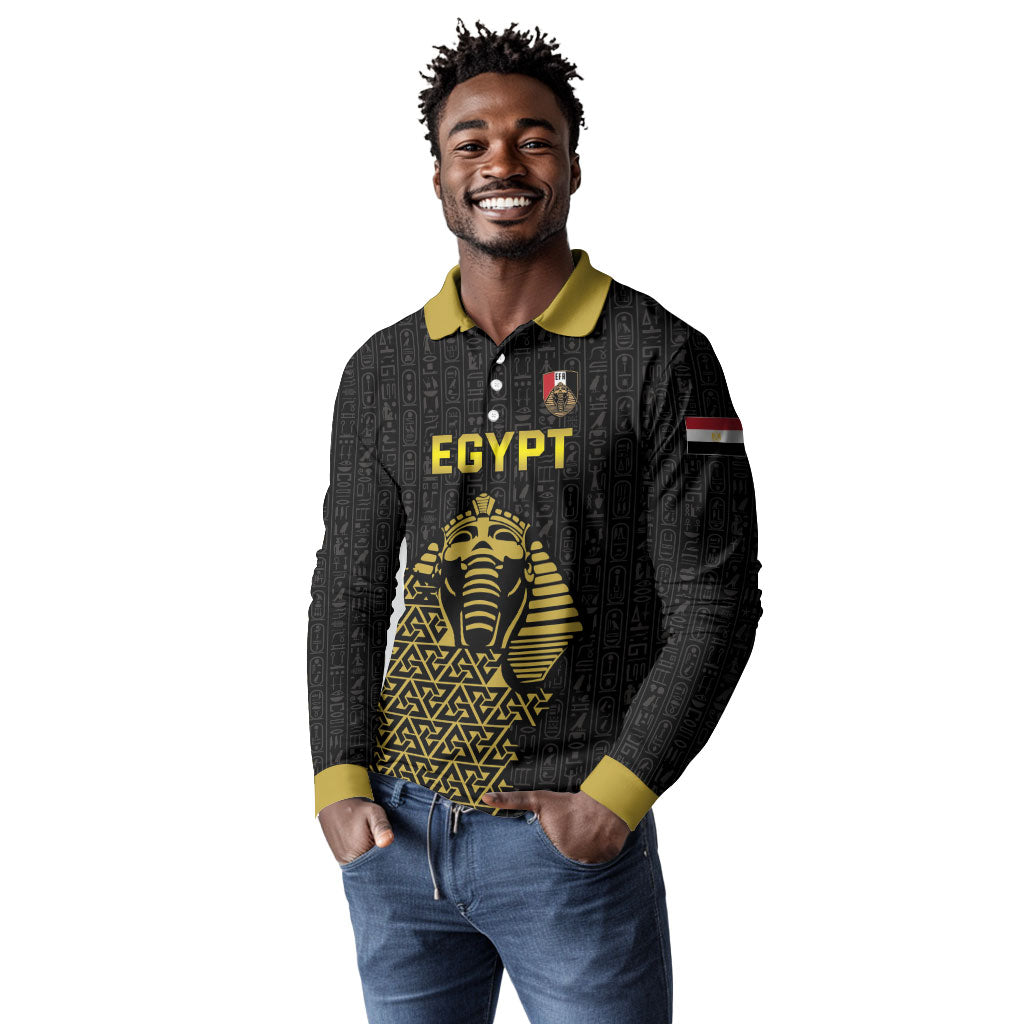 Custom World Football 2026 Egypt Long Sleeve Polo Shirt Pharaohs Hieroglyphs Pride Black Version