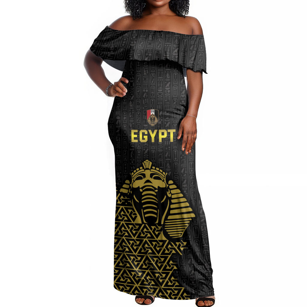 Custom World Football 2026 Egypt Off Shoulder Maxi Dress Pharaohs Hieroglyphs Pride Black Version