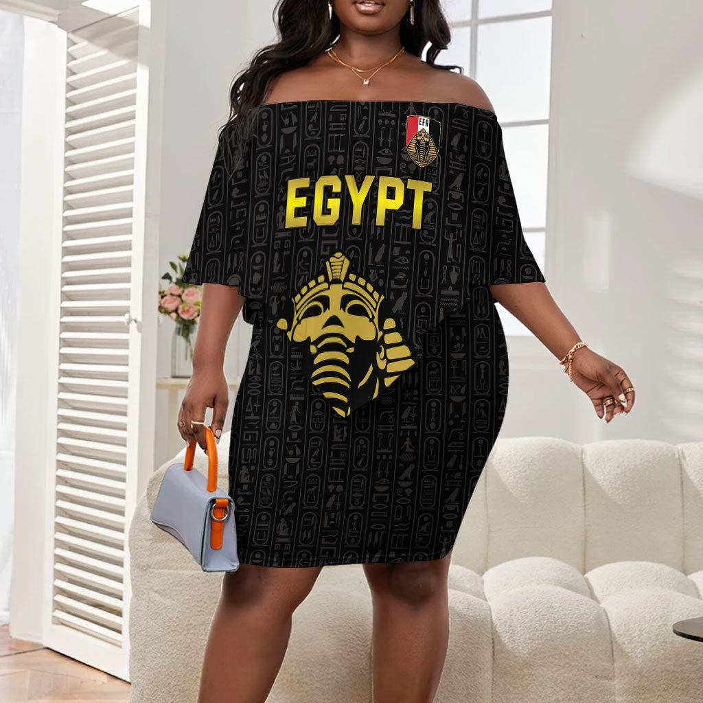 Custom World Football 2026 Egypt Off Shoulder Short Dress Pharaohs Hieroglyphs Pride Black Version