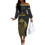 Custom World Football 2026 Egypt Off The Shoulder Long Sleeve Dress Pharaohs Hieroglyphs Pride Black Version