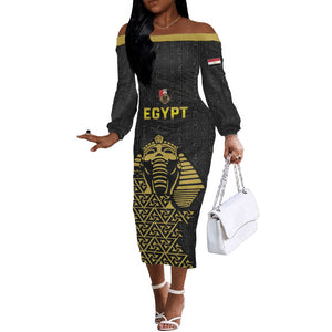 Custom World Football 2026 Egypt Off The Shoulder Long Sleeve Dress Pharaohs Hieroglyphs Pride Black Version