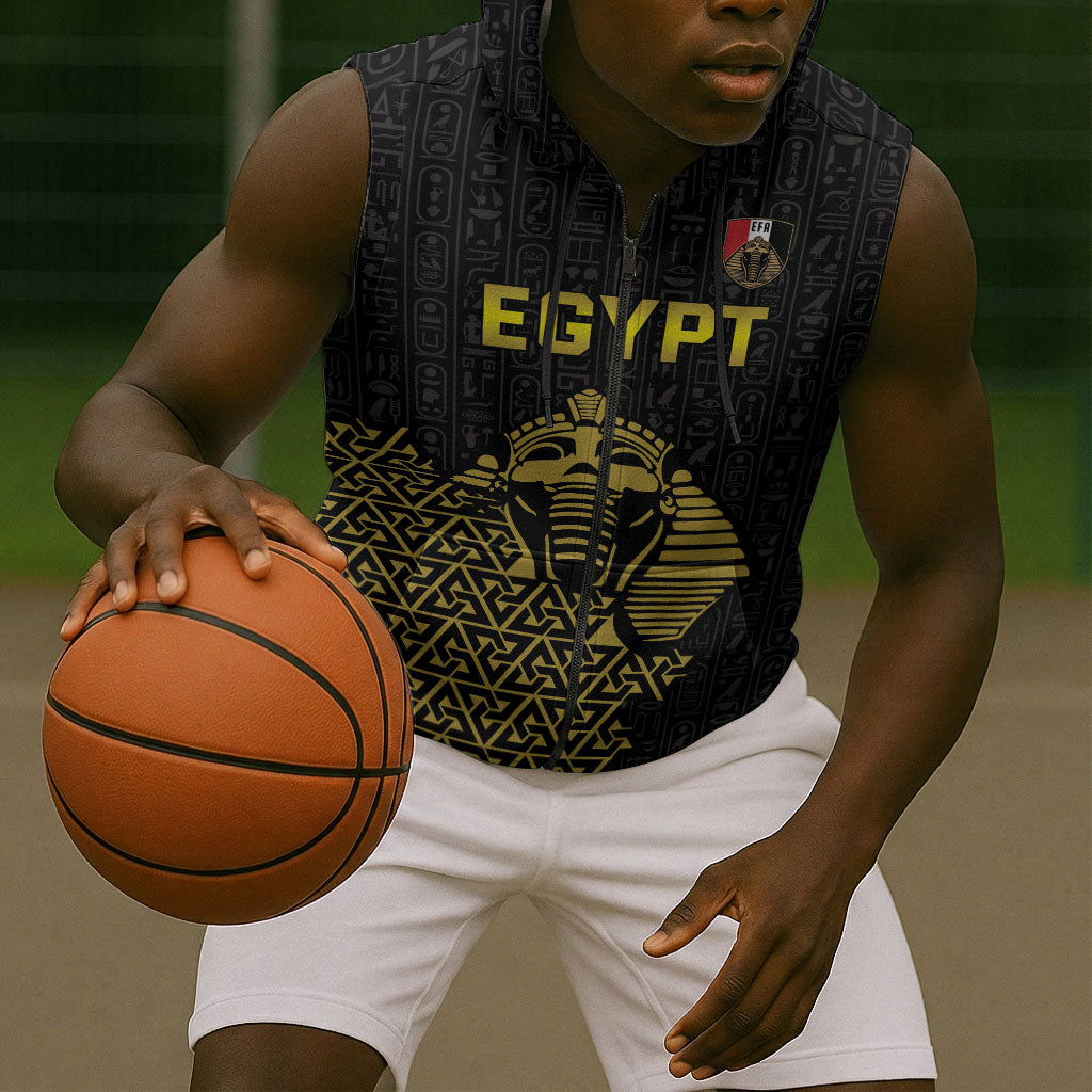 Custom World Football 2026 Egypt Sleeveless Zip Hoodie Pharaohs Hieroglyphs Pride Black Version