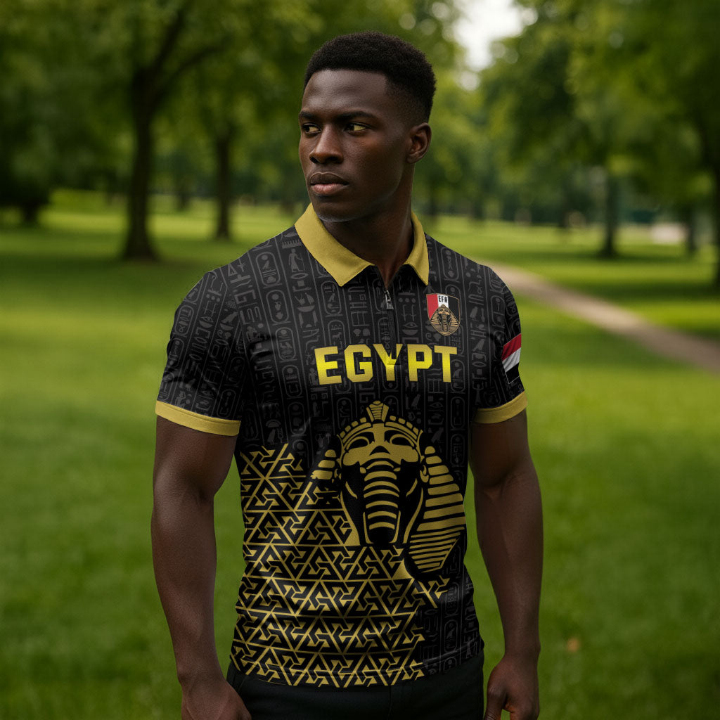 Custom World Football 2026 Egypt Zipper Polo Shirt Pharaohs Hieroglyphs Pride Black Version