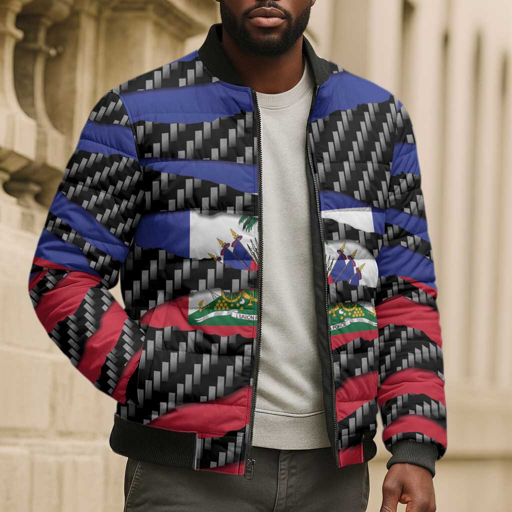 Black Haitians Beast Bomber Puffer Jacket Ripped Flag Graphic