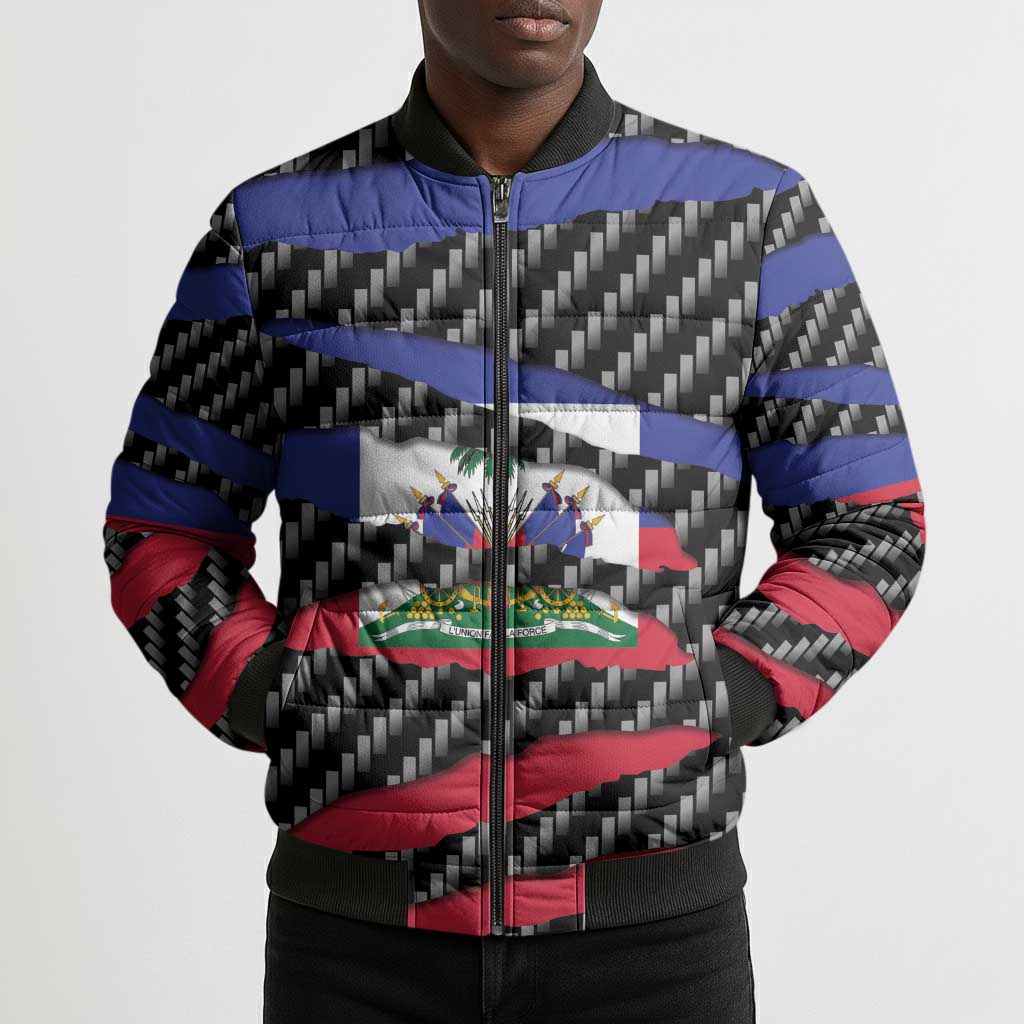 Black Haitians Beast Bomber Puffer Jacket Ripped Flag Graphic