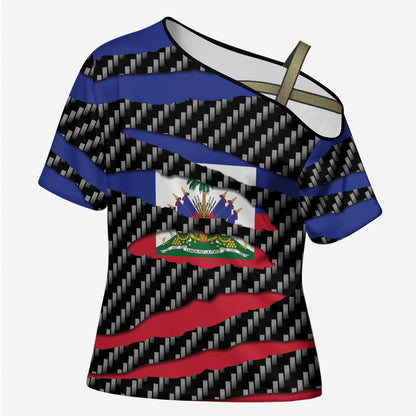 Black Haitians Beast Cross Shoulder Shirt Ripped Flag Graphic