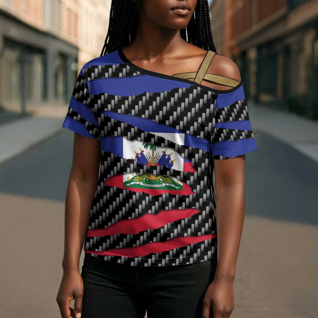 Black Haitians Beast Cross Shoulder Shirt Ripped Flag Graphic