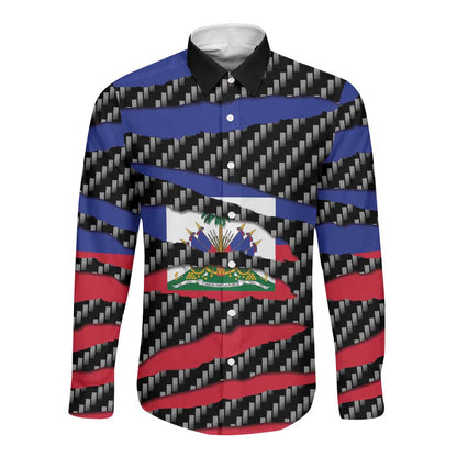 Black Haitians Beast Long Sleeve Button Shirt Ripped Flag Graphic - African Pride
