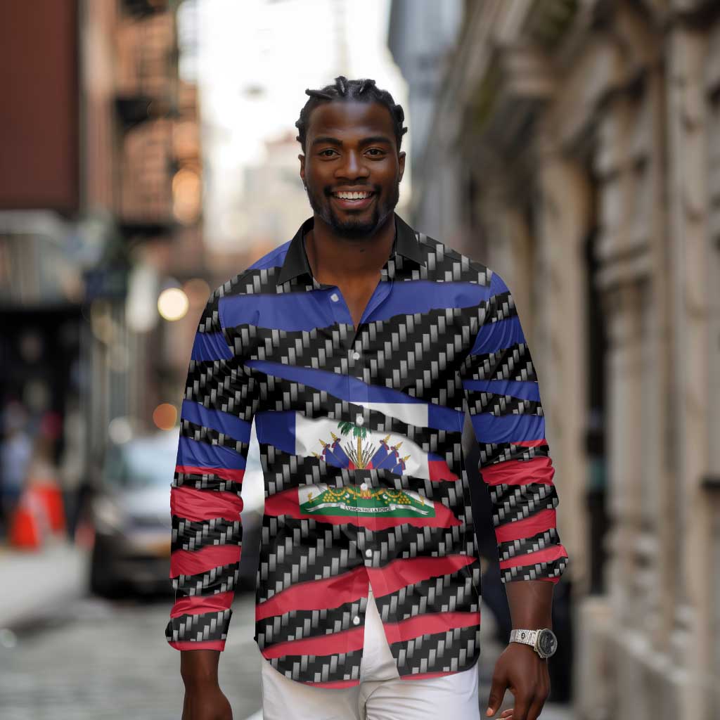 Black Haitians Beast Long Sleeve Button Shirt Ripped Flag Graphic - African Pride