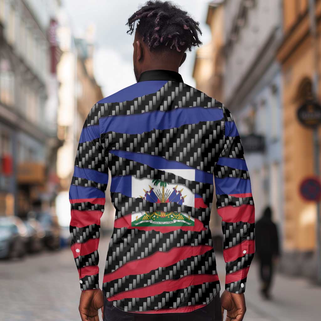 Black Haitians Beast Long Sleeve Button Shirt Ripped Flag Graphic - African Pride