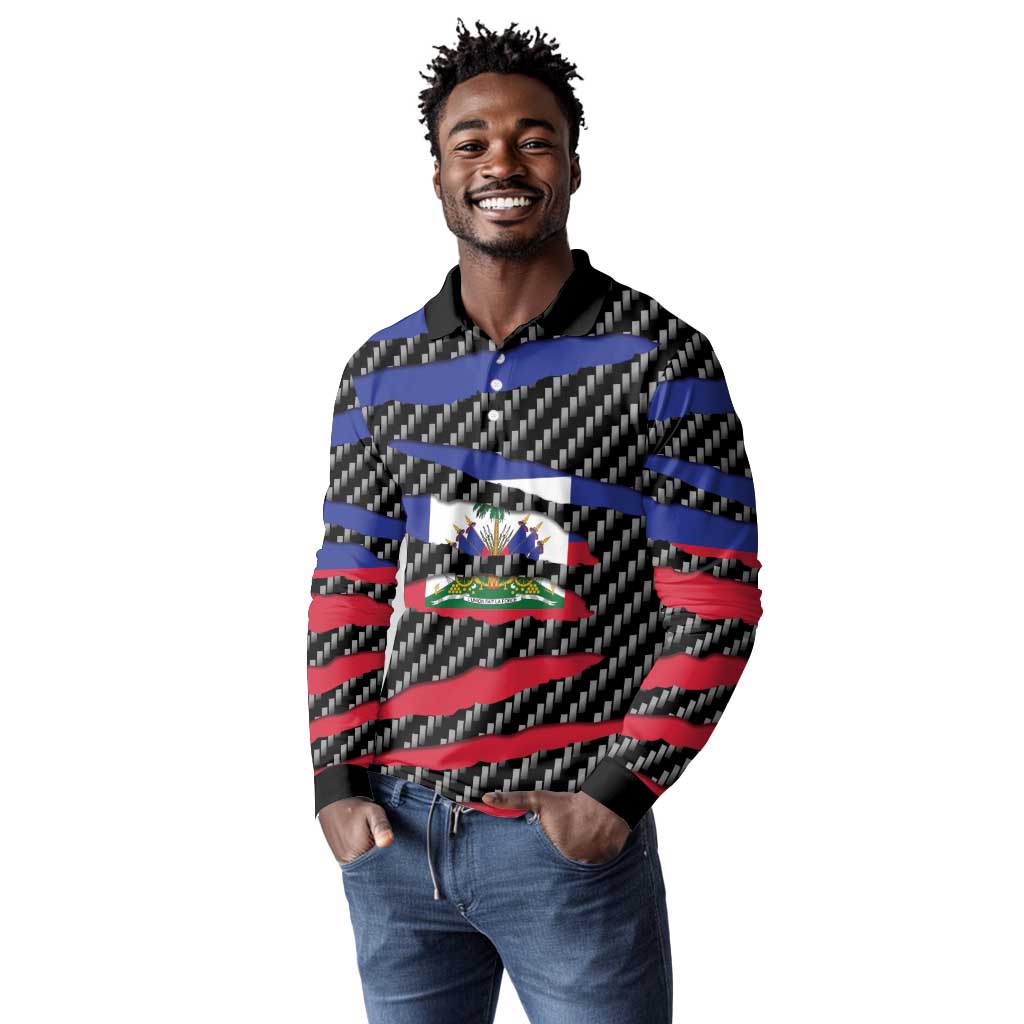 Black Haitians Beast Long Sleeve Polo Shirt Ripped Flag Graphic - African Pride