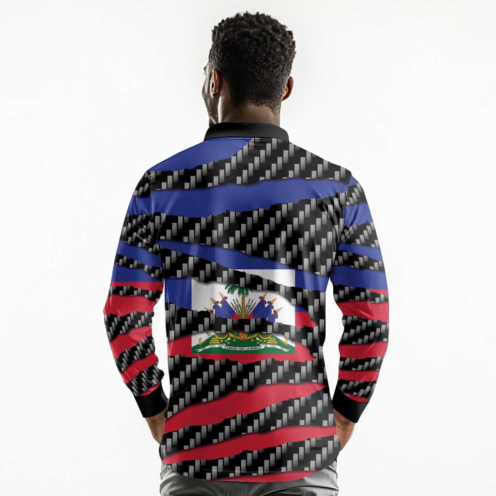 Black Haitians Beast Long Sleeve Polo Shirt Ripped Flag Graphic - African Pride