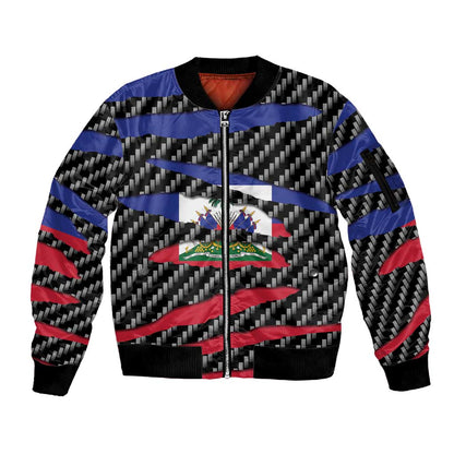 Black Haitians Beast Sleeve Zip Bomber Jacket Ripped Flag Graphic - African Pride