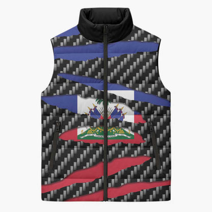 Black Haitians Beast Sleeveless Puffer Jacket Ripped Flag Graphic