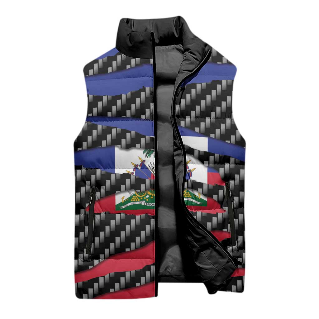 Black Haitians Beast Sleeveless Puffer Jacket Ripped Flag Graphic