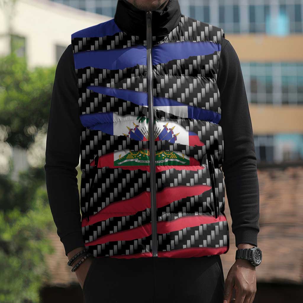 Black Haitians Beast Sleeveless Puffer Jacket Ripped Flag Graphic