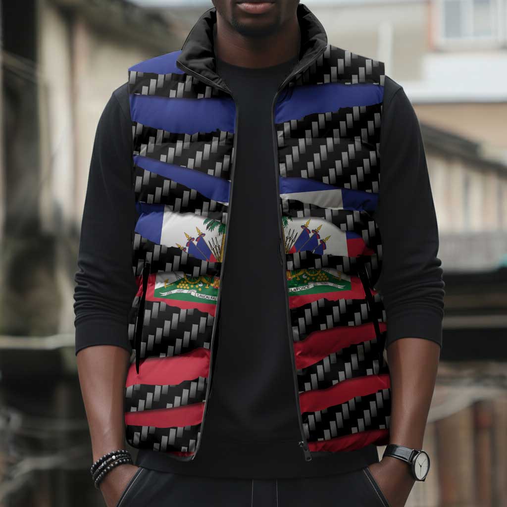 Black Haitians Beast Sleeveless Puffer Jacket Ripped Flag Graphic