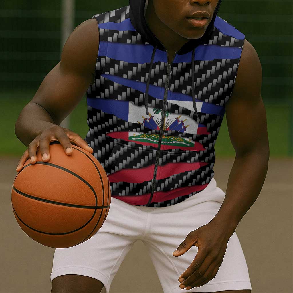 Black Haitians Beast Sleeveless Zip Hoodie Ripped Flag Graphic - African Pride