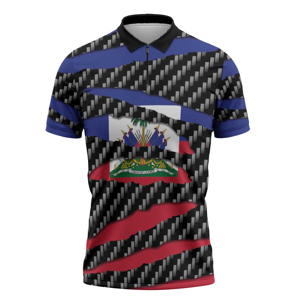 Black Haitians Beast Zipper Polo Shirt Ripped Flag Graphic