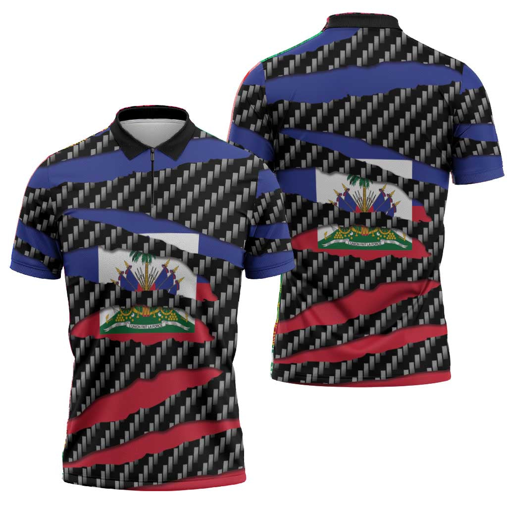 Black Haitians Beast Zipper Polo Shirt Ripped Flag Graphic