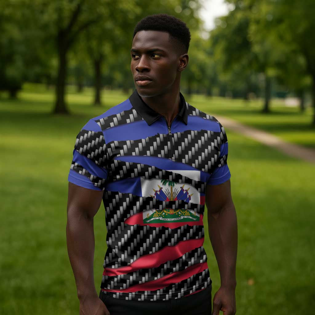Black Haitians Beast Zipper Polo Shirt Ripped Flag Graphic