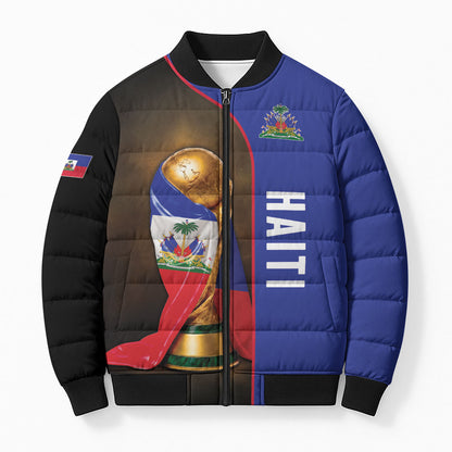 Personalized Afro Haiti Football 2026 Bomber Puffer Jacket Trophy Flag Pride Art