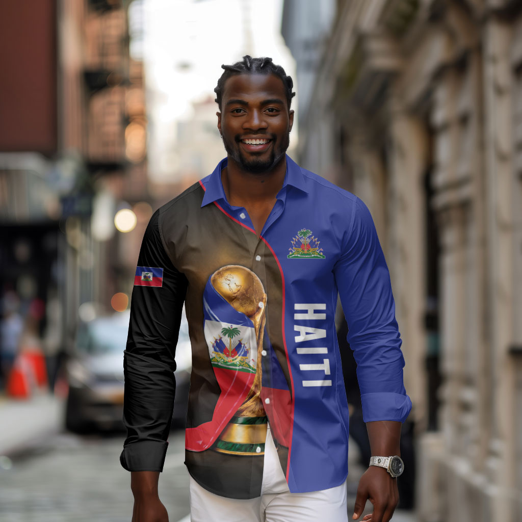 Personalized Afro Haiti Football 2026 Long Sleeve Button Shirt Trophy Flag Pride Art