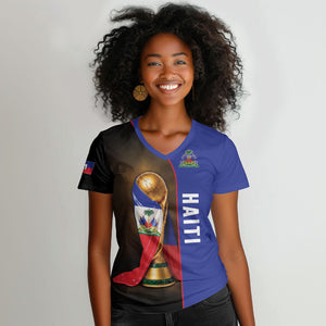 Personalized Afro Haiti Football 2026 Women V-Neck T-Shirt Trophy Flag Pride Art