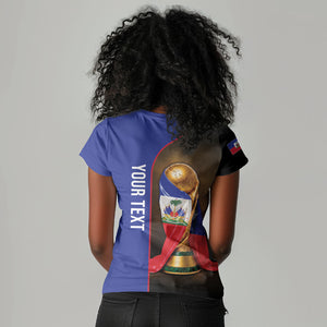 Personalized Afro Haiti Football 2026 Women V-Neck T-Shirt Trophy Flag Pride Art