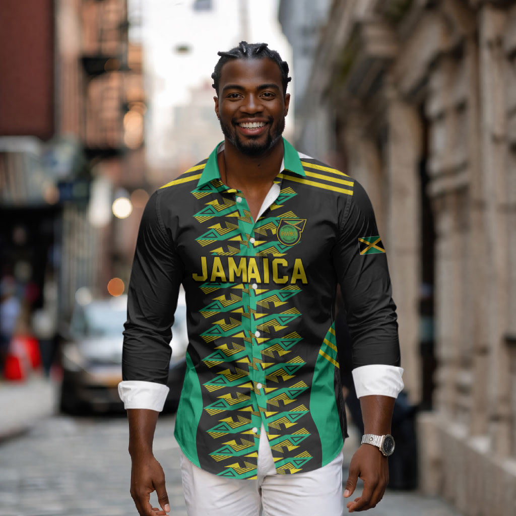 Custom Afro-Jamaicans Football Long Sleeve Button Shirt Reggae Boyz Tribal Glory