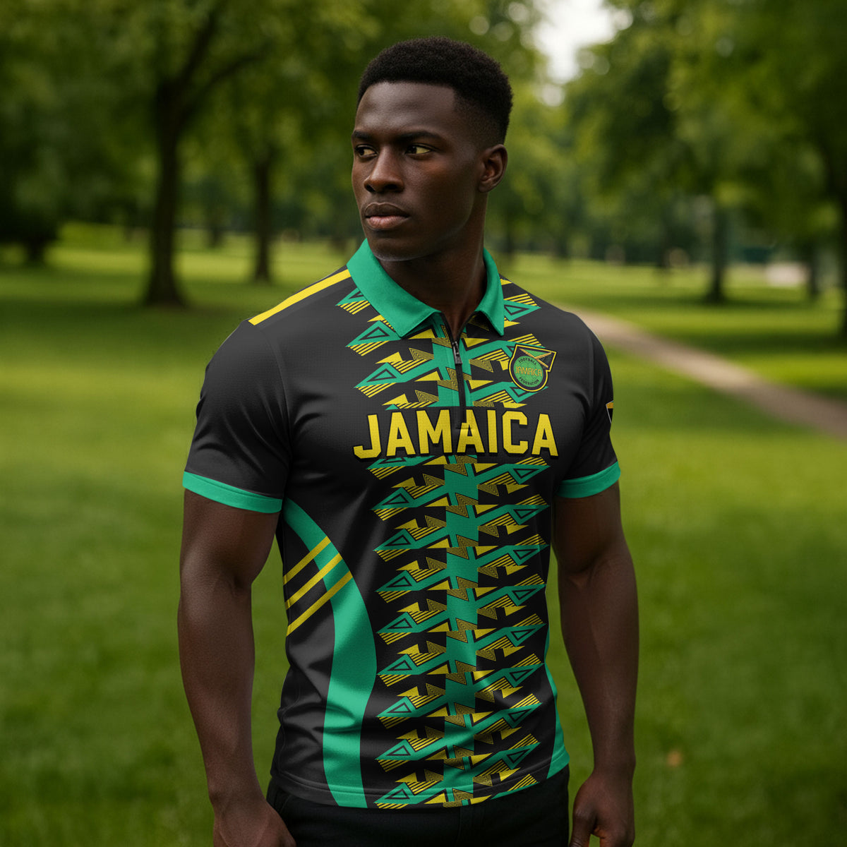 Custom Afro-Jamaicans Football Zipper Polo Shirt Reggae Boyz Tribal Glory