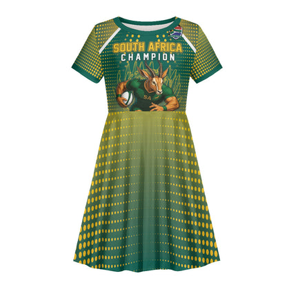 Custom South Africa Rugby Kid Short Sleeve Dress Go Springboks Mascot Champion