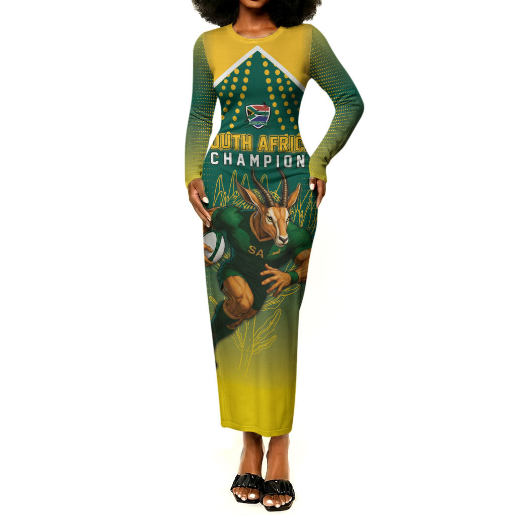 Custom South Africa Rugby Long Sleeve Bodycon Dress Go Springboks Mascot Champion