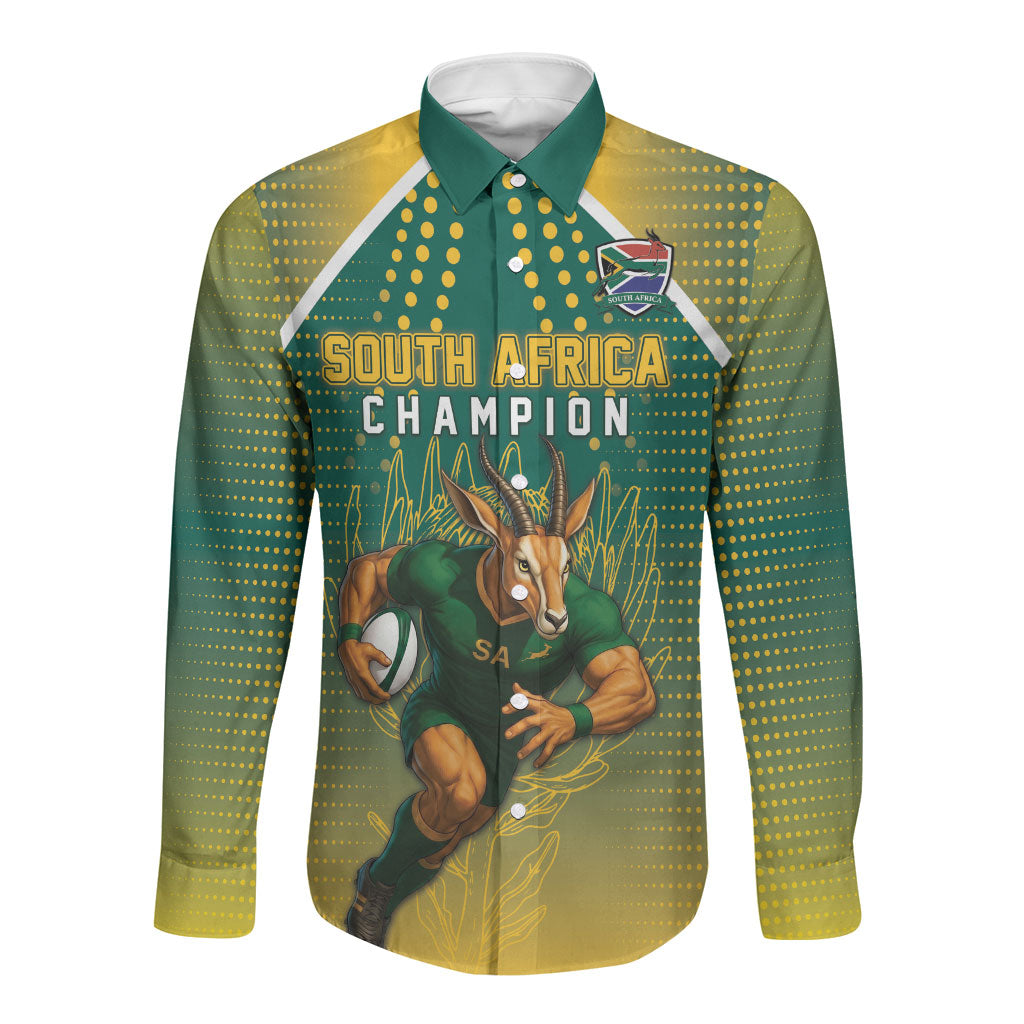 Custom South Africa Rugby Long Sleeve Button Shirt Go Springboks Mascot Champion
