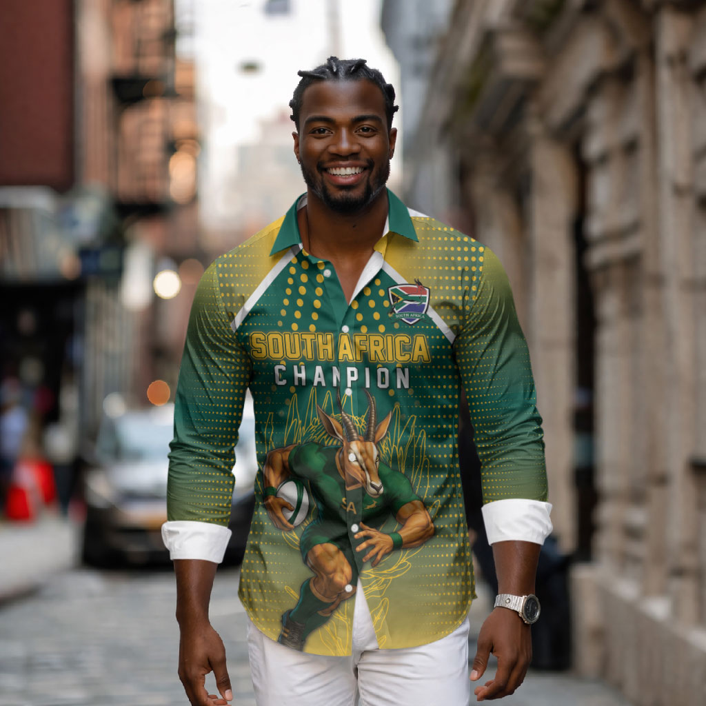 Custom South Africa Rugby Long Sleeve Button Shirt Go Springboks Mascot Champion