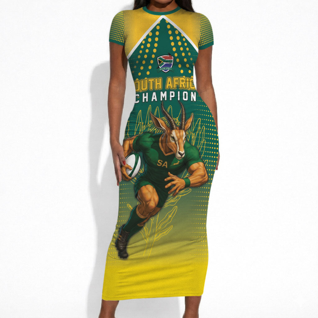 Custom South Africa Rugby Short Sleeve Bodycon Dress Go Springboks Mascot Champion