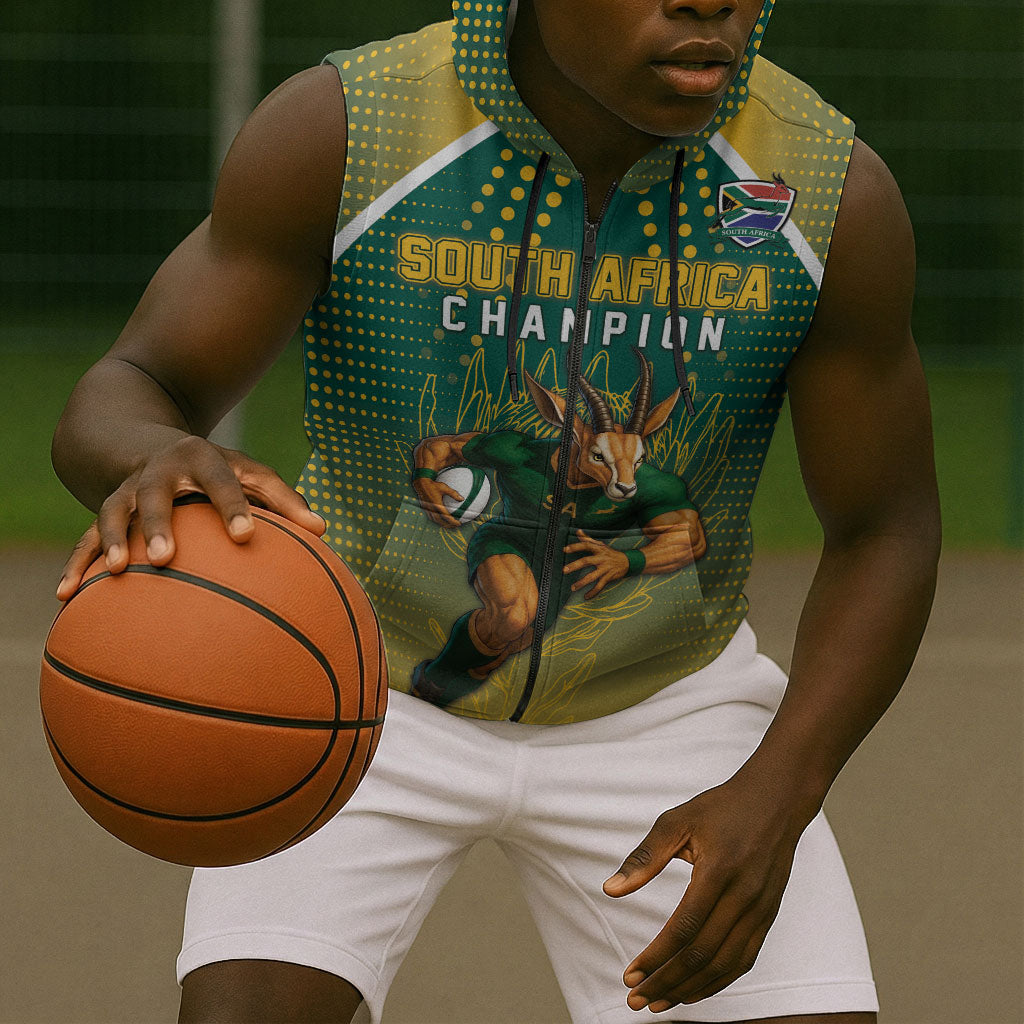 Custom South Africa Rugby Sleeveless Zip Hoodie Go Springboks Mascot Champion