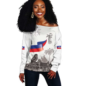 Afro-Haitians Citadelle Laferriere Off Shoulder Sweater Hispaniolan Trogon and Plumeria - African Pride