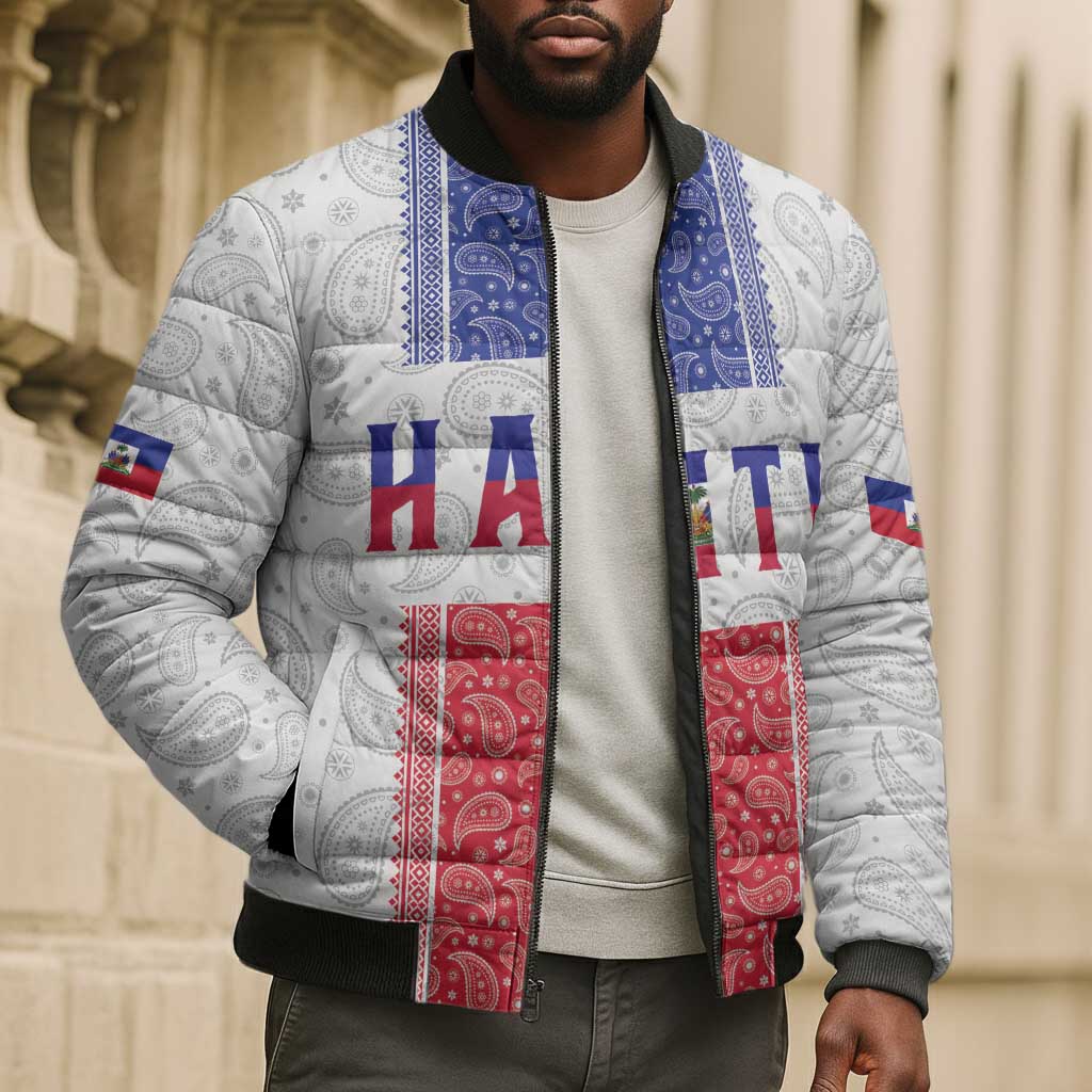 Custom Afro-Haitians Football Bomber Puffer Jacket Paisley Flag Pattern Design