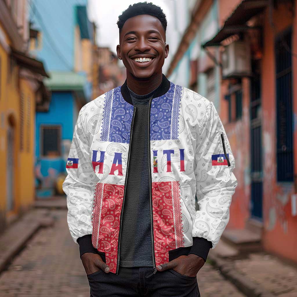 Custom Afro-Haitians Football Sleeve Zip Bomber Jacket Paisley Flag Pattern Design - African Pride