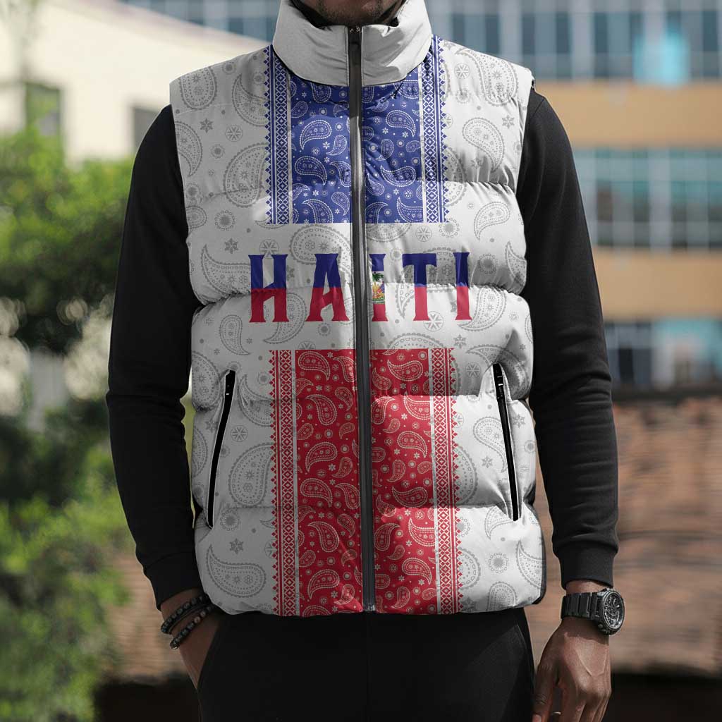 Custom Afro-Haitians Football Sleeveless Puffer Jacket Paisley Flag Pattern Design