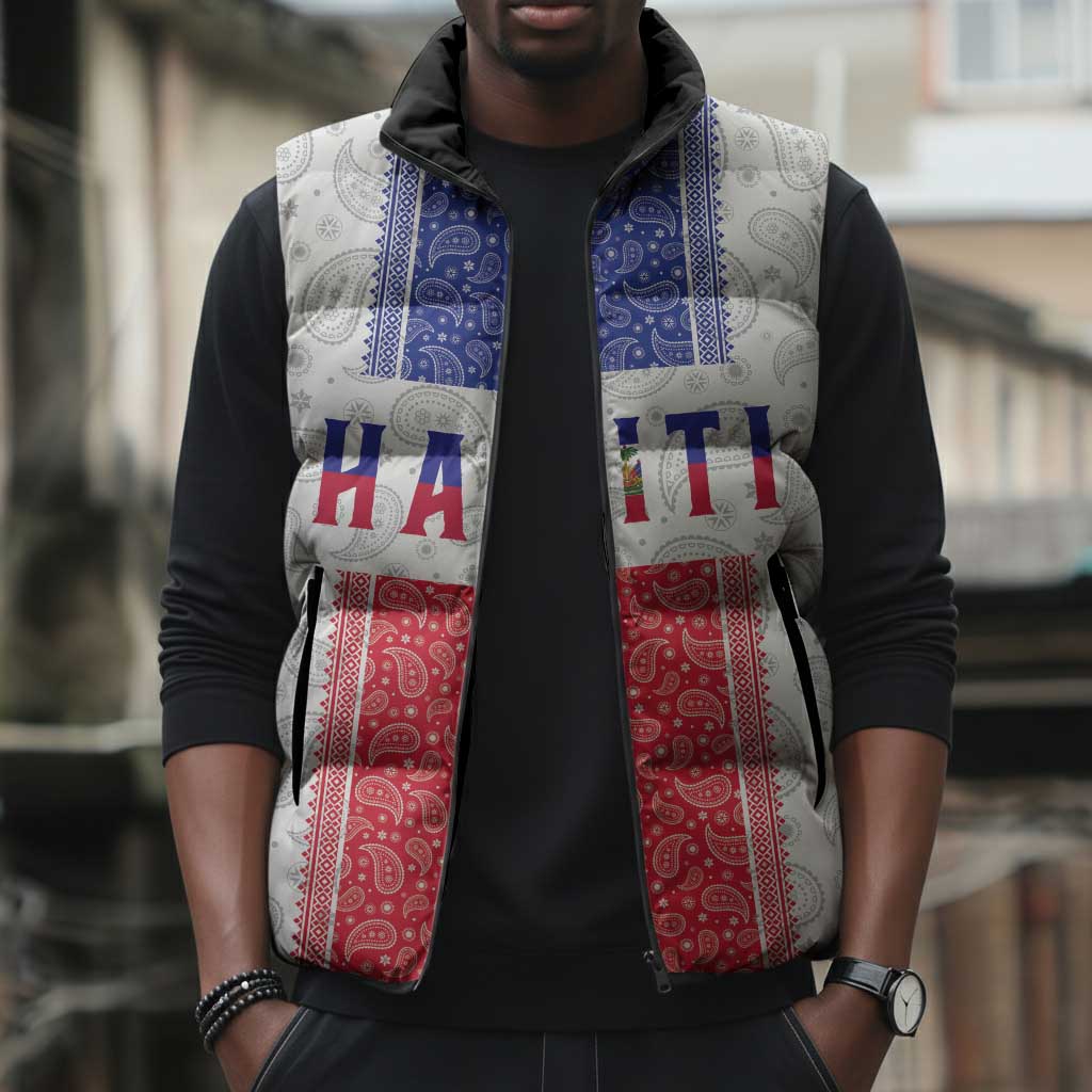 Custom Afro-Haitians Football Sleeveless Puffer Jacket Paisley Flag Pattern Design