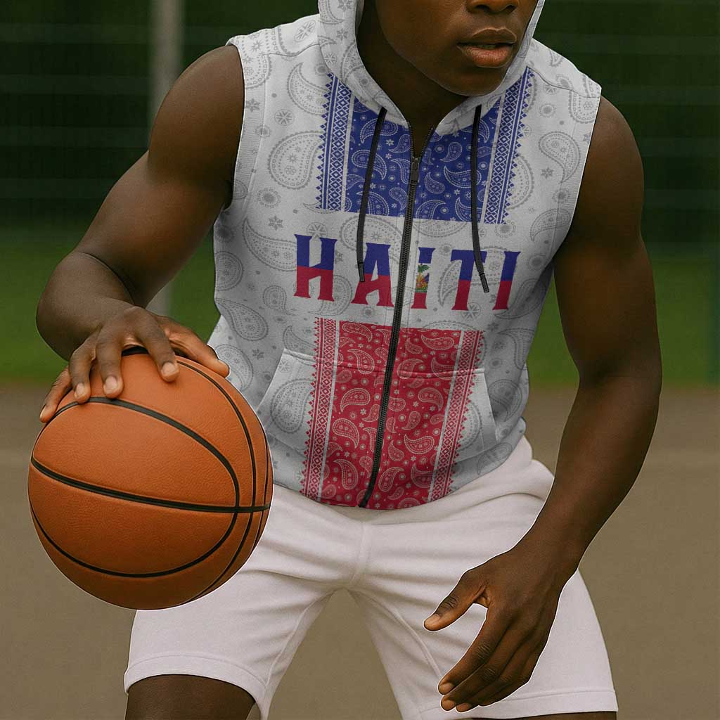 Custom Afro-Haitians Football Sleeveless Zip Hoodie Paisley Flag Pattern Design - African Pride