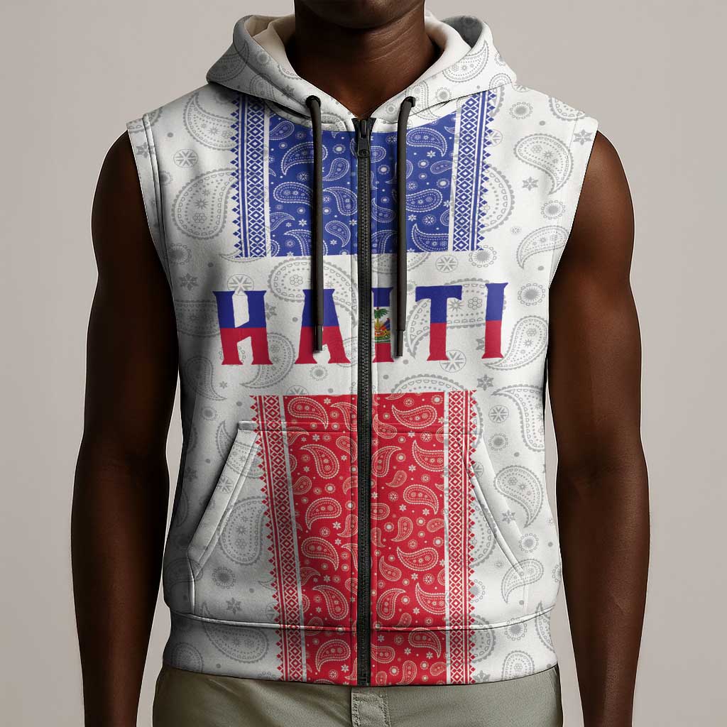 Custom Afro-Haitians Football Sleeveless Zip Hoodie Paisley Flag Pattern Design - African Pride