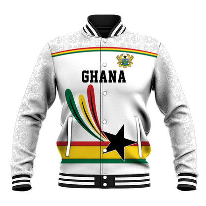 Custom World Football 2026 Ghana Baseball Jacket Black Star Adinkra Heritage White Version