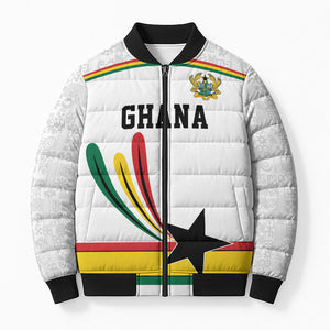 Custom World Football 2026 Ghana Bomber Puffer Jacket Black Star Adinkra Heritage White Version