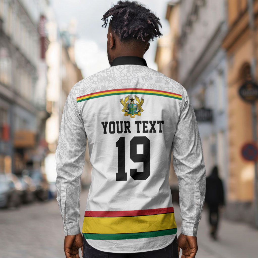Custom World Football 2026 Ghana Long Sleeve Button Shirt Black Star Adinkra Heritage White Version