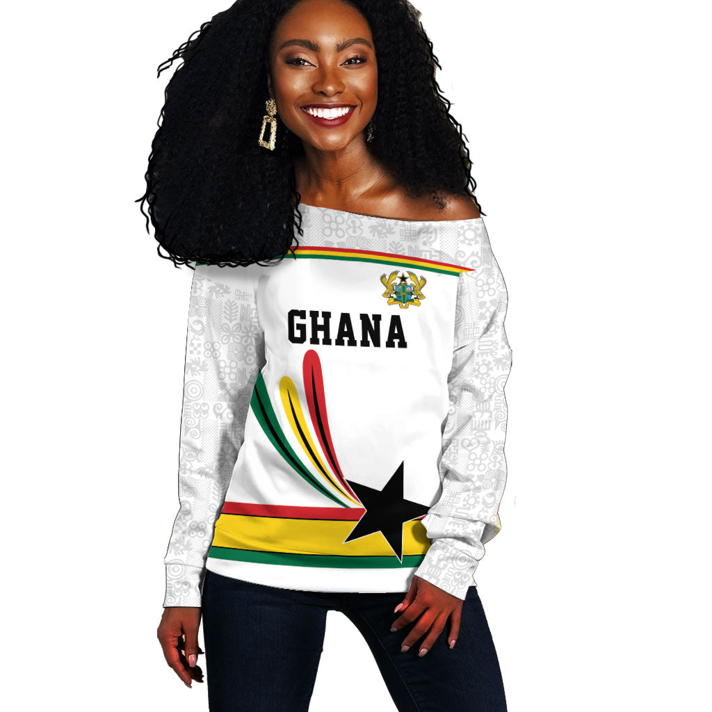 Custom World Football 2026 Ghana Off Shoulder Sweater Black Star Adinkra Heritage White Version