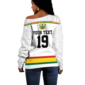 Custom World Football 2026 Ghana Off Shoulder Sweater Black Star Adinkra Heritage White Version
