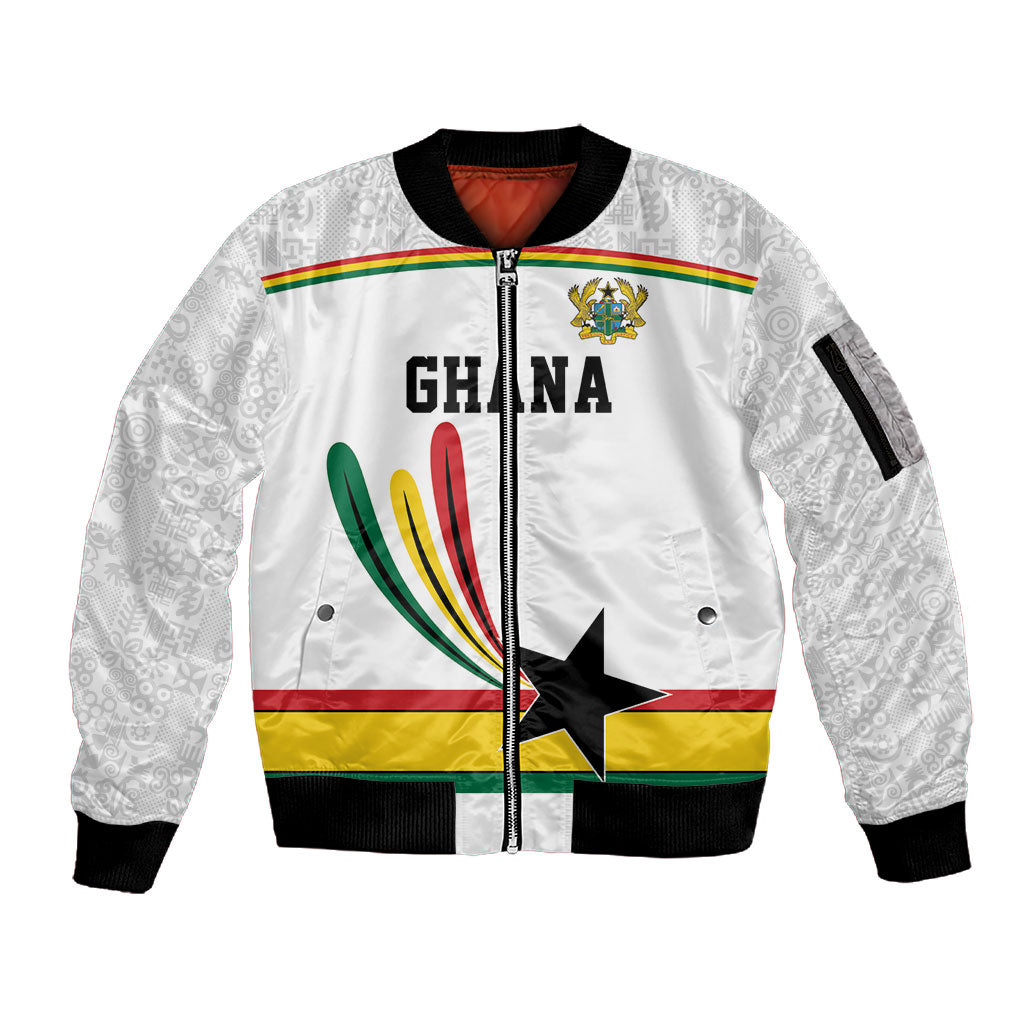 Custom World Football 2026 Ghana Sleeve Zip Bomber Jacket Black Star Adinkra Heritage White Version